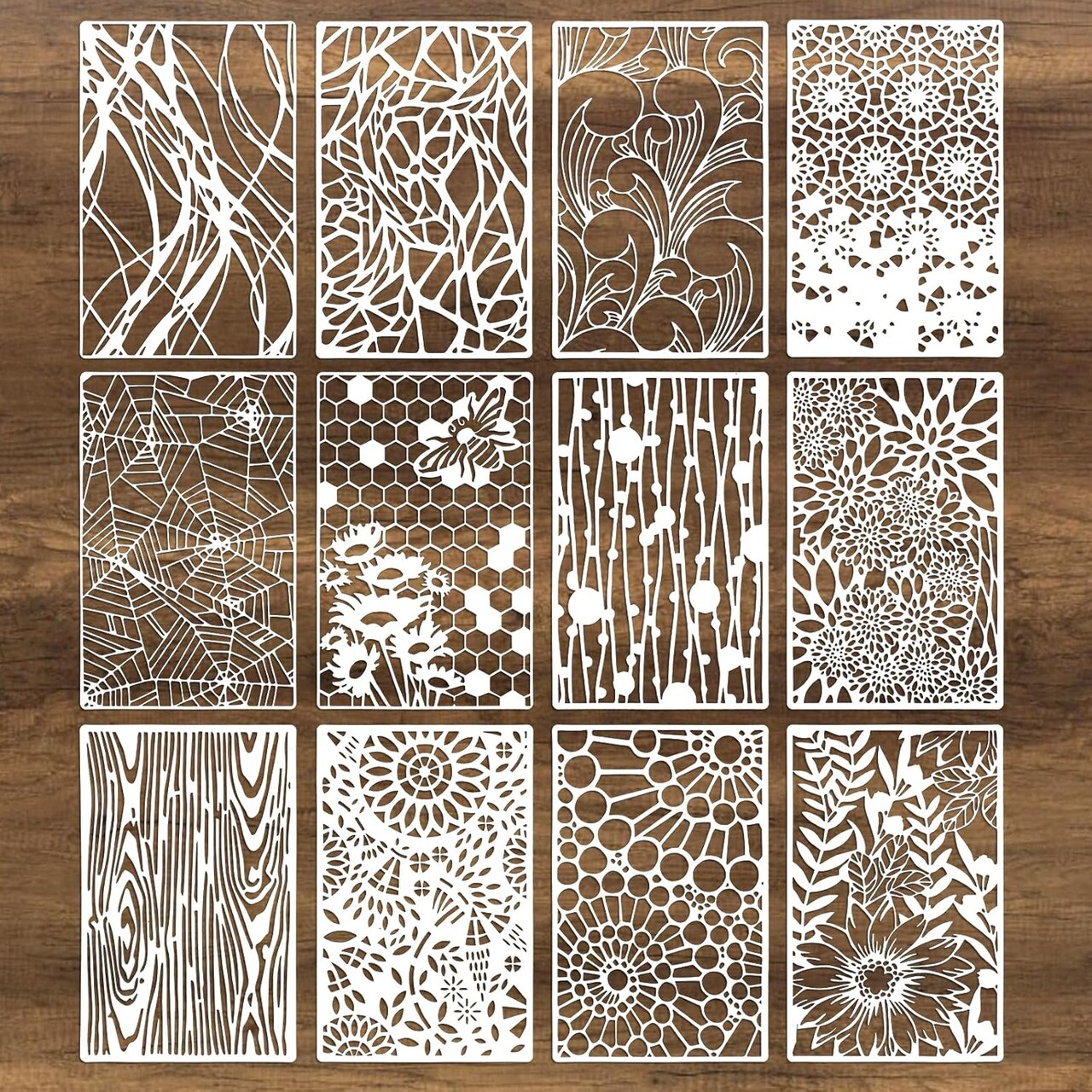 12Pcs Mixed Painting Stencils – Reusable Art Craft Templates, Wood Grain, Flower, Texture & Spider Web Designs for Wall, Canvas, Cake, Card & DIY Projects (11×7'')